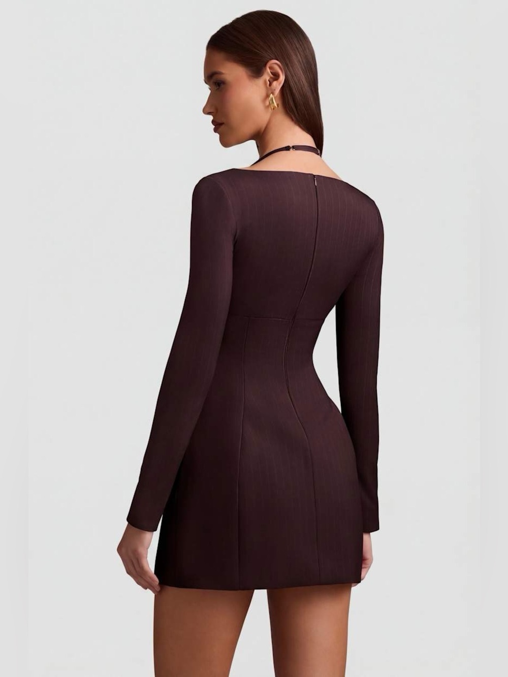 Oh Polly Ksenia Chocolate Brown Pinstripe A-Line Mini Dress UK 8 - Picture 3 of 11
